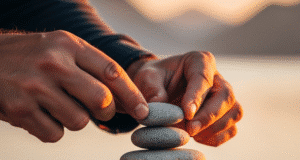 Mažų pokyčių galia: kaip būti 1% geresniam kiekvieną dieną? vyro rankos dėlioja akmenis