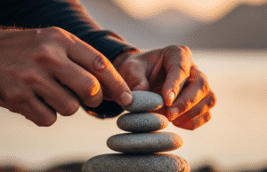 Mažų pokyčių galia: kaip būti 1% geresniam kiekvieną dieną? vyro rankos dėlioja akmenis