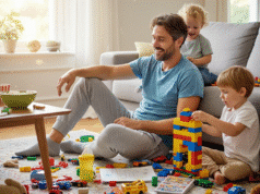 Tėčio išgyvenimo gidas: kaip per vasarą neprarasti proto? laimingas tėtis su vaikais sėdi ant grindų tarp žaislų
