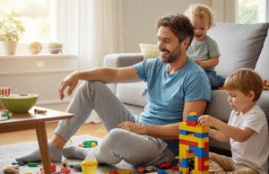 Tėčio išgyvenimo gidas: kaip per vasarą neprarasti proto? laimingas tėtis su vaikais sėdi ant grindų tarp žaislų