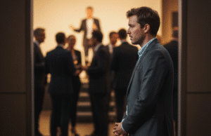 Networkingo patarimai intravertams: kaip įveikti nerimą vyras renginyje stovi nuošaliai