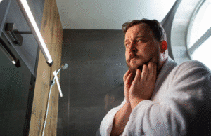 10 įpročių, kurie žudo vyrų savivertę. Ar atpažįsti? vyras žiūri į veidrodį ir abejoja savimi