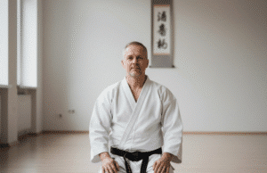 Kovos menai vyrų saviugdai: Kaip išsirinkti tinkamiausią kelią? keturiasdešimtmetis vyras su kimo sėdi ant grindų salėje
