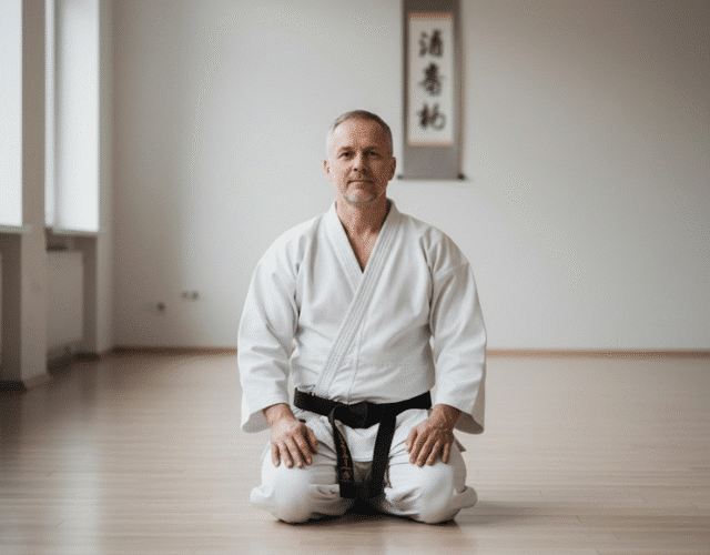 keturiasdešimtmetis vyras su kimo sėdi ant grindų salėje