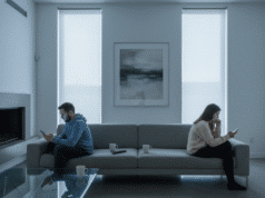 „Kambariokų sindromas“: kai meilė virsta buitimi pora sėdi skirtingose sofos pusėse emociškai atitolę