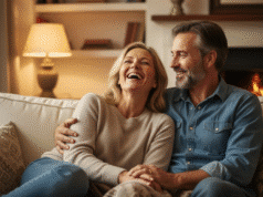 Mylėti išmintingai: 5 sąmoningo vyro principai, kuriantys tvarius santykius vidutinio amžiaus pora sėdi ant sovas ir linksmai bendrauja