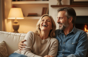 Mylėti išmintingai: 5 sąmoningo vyro principai, kuriantys tvarius santykius vidutinio amžiaus pora sėdi ant sovas ir linksmai bendrauja