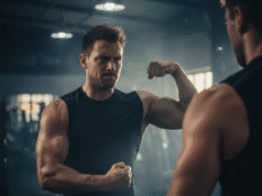 7 didžiausios raumenų auginimo klaidos: kodėl jūsų pastangos gali neduoti rezultatų vyras sporto salės stovi prieš veidrodį