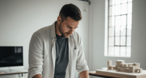 Architekto mąstysena: kurk savo pasaulį, užuot reagavęs į kitų vyras studijuoja pastato brėžinį