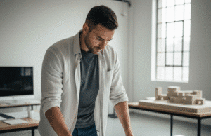 Architekto mąstysena: kurk savo pasaulį, užuot reagavęs į kitų vyras studijuoja pastato brėžinį