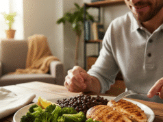 Lėtųjų angliavandenių dieta: Ar įmanoma sočiai valgyti, kartą per savaitę „sukčiauti“ ir vis tiek mesti svorį? vyras valgo krūtinėlės kepsnius su daržovėm