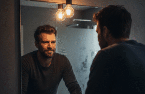 Nustok būti auka: 3 mąstymo spąstai, kurie žlugdo tavo charizmą vyras žiūri į veidrodį prietemoje