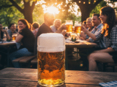 Kelionė į alaus širdį: vokiško alaus tradicijos ir paslaptys alaus bokalas padėtas ant lauke stovinčio stalo
