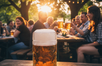 Kelionė į alaus širdį: vokiško alaus tradicijos ir paslaptys alaus bokalas padėtas ant lauke stovinčio stalo