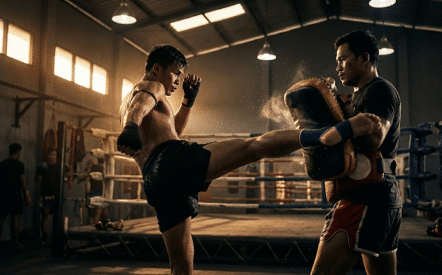 du tailandiečiai vyrai treniruojasi muay thai