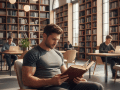 Karys ir poetas tavyje: kaip suderinti intelektą ir fizinę jėgą jaunas sportiškas vyras skaito knygą bibliotekoje