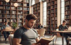 Karys ir poetas tavyje: kaip suderinti intelektą ir fizinę jėgą jaunas sportiškas vyras skaito knygą bibliotekoje