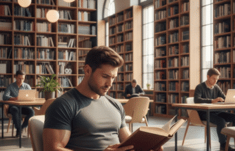 Karys ir poetas tavyje: kaip suderinti intelektą ir fizinę jėgą jaunas sportiškas vyras skaito knygą bibliotekoje