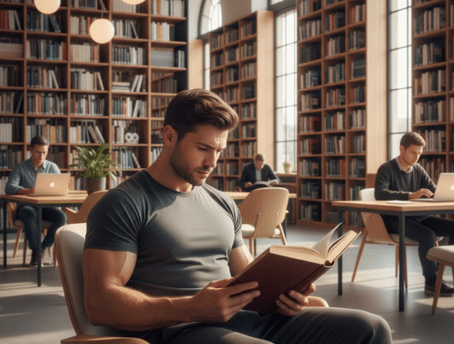 jaunas sportiškas vyras skaito knygą bibliotekoje