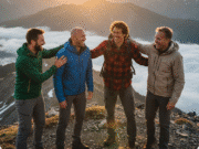 Geležis galanda geležį: kodėl vyrui gyvybiškai svarbi tikrų draugų gentis keturi vyrai draugai stovi kalno viršūnėje su žygio apranga