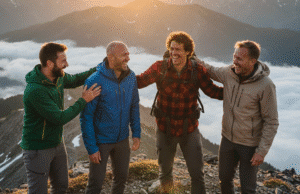 Geležis galanda geležį: kodėl vyrui gyvybiškai svarbi tikrų draugų gentis keturi vyrai draugai stovi kalno viršūnėje su žygio apranga