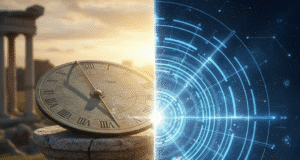 Laiko anatomija: kaip saulės laikrodis virto atominiu ir kodėl Jūsų išmanusis telefonas žino tiksliausią laiką kompozitinis vaizdas, sujungiantis laikrodžių epochas