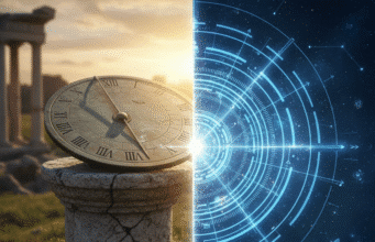 Laiko anatomija: kaip saulės laikrodis virto atominiu ir kodėl Jūsų išmanusis telefonas žino tiksliausią laiką kompozitinis vaizdas, sujungiantis laikrodžių epochas