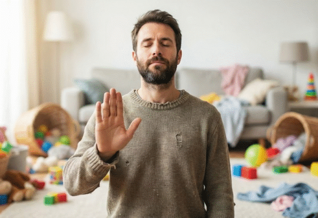 tėtis raminasi vaikų kambaryje