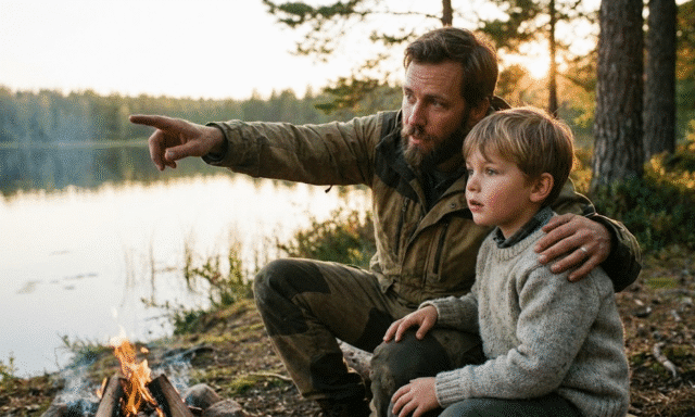 tėvas su sūnumi iškylauja prie ežero