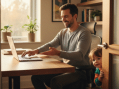 Darbas ir šeima bei socialinis gyvenimas: negailestinga „rinkis du“ taisyklė vyras dirba namie, o dukrelė stovi šalia