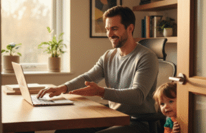 Darbas ir šeima bei socialinis gyvenimas: negailestinga „rinkis du“ taisyklė vyras dirba namie, o dukrelė stovi šalia