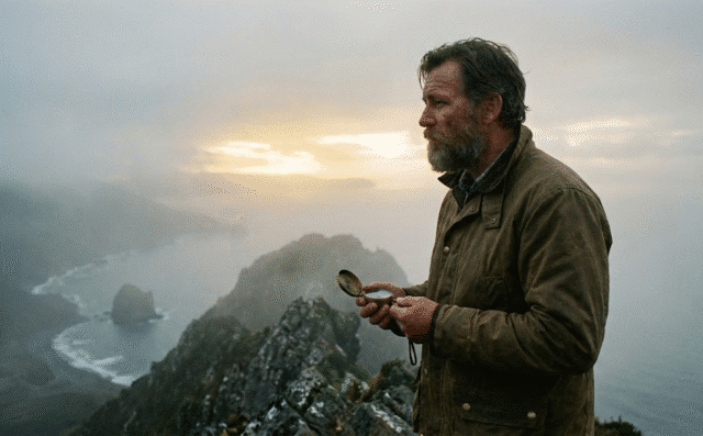 vyras kalno viršūnėje stovi su kompasu