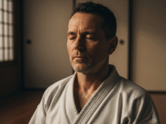 Daugiau nei smūgiai ir imtynės: Paslėpta psichologinė kovos menų nauda vyras medituoja savo dojo