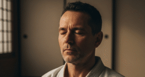 Daugiau nei smūgiai ir imtynės: Paslėpta psichologinė kovos menų nauda vyras medituoja savo dojo