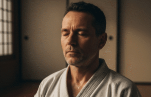 Daugiau nei smūgiai ir imtynės: Paslėpta psichologinė kovos menų nauda vyras medituoja savo dojo