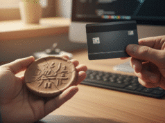 Finansinė taisyklė Nr. 1: Kodėl pirmiausia turite sumokėti sau? vyras rankose laiko suskilusią molinę monetą ir mokėjimo kortelę