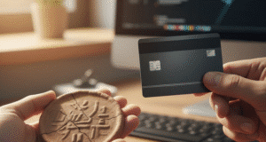 Finansinė taisyklė Nr. 1: Kodėl pirmiausia turite sumokėti sau? vyras rankose laiko suskilusią molinę monetą ir mokėjimo kortelę