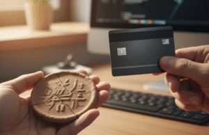 Finansinė taisyklė Nr. 1: Kodėl pirmiausia turite sumokėti sau? vyras rankose laiko suskilusią molinę monetą ir mokėjimo kortelę