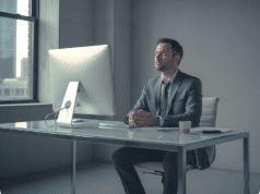 Prarastas ryšys: kodėl jūsų darbas biure atrodo beprasmis? vyras sėdi ofise ir stebeilijasi į ekraną