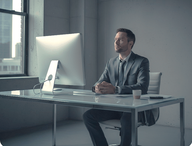 vyras sėdi ofise ir stebeilijasi į ekraną