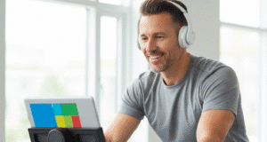 „Noriu“ ir „Reikia“ sujungimas: kaip norėti daryti tai, ką privalote? vyras sportuoja salėje ir žiūri filmukus