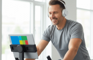 „Noriu“ ir „Reikia“ sujungimas: kaip norėti daryti tai, ką privalote? vyras sportuoja salėje ir žiūri filmukus