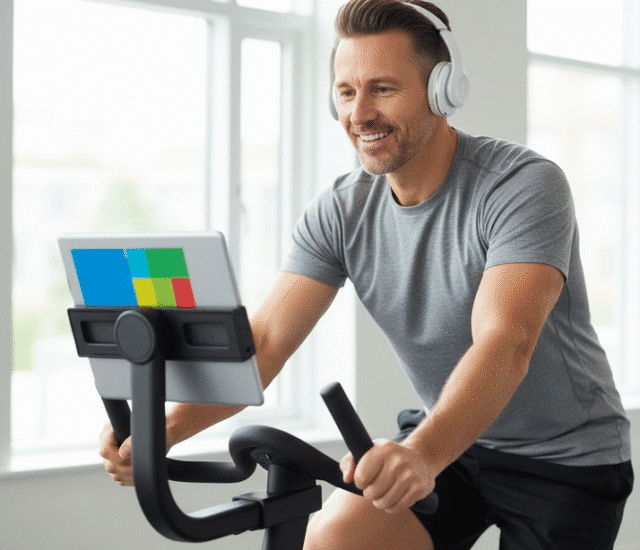 vyras sportuoja salėje ir žiūri filmukus