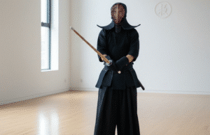 Kario kelias šiuolaikiniame pasaulyje: Daugiau nei vien agresija vyras treniruojasi kendo modernioje salėje