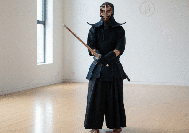 vyras treniruojasi kendo modernioje salėje