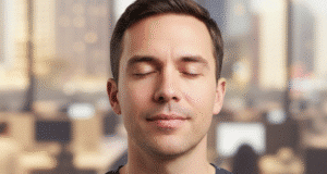 Valios ugdymas ir savikontrolė: kaip tapti savo minčių ir veiksmų šeimininku vyras užsimerkęs ir priglaudęs ranką prie krūtinės