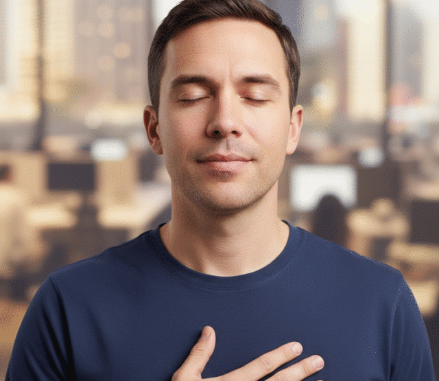 vyras užsimerkęs ir priglaudęs ranką prie krūtinės