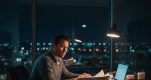 „Trūkumo Mąstysena“: Kaip stresas dėl laiko ir pinigų verčia jus priimti blogus sprendimus vyras vakare dirba biure susirūpinęs