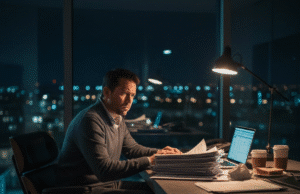 „Trūkumo Mąstysena“: Kaip stresas dėl laiko ir pinigų verčia jus priimti blogus sprendimus vyras vakare dirba biure susirūpinęs