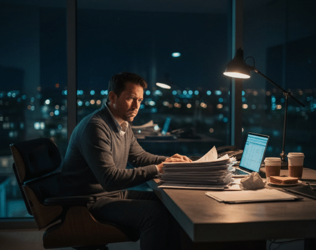 vyras vakare dirba biure susirūpinęs